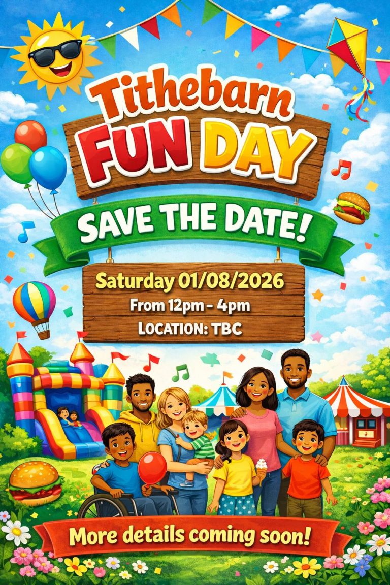 AI generated image showing selection of characters enjoying themselves at a fun day with a bouncy castle and balloons in the background.