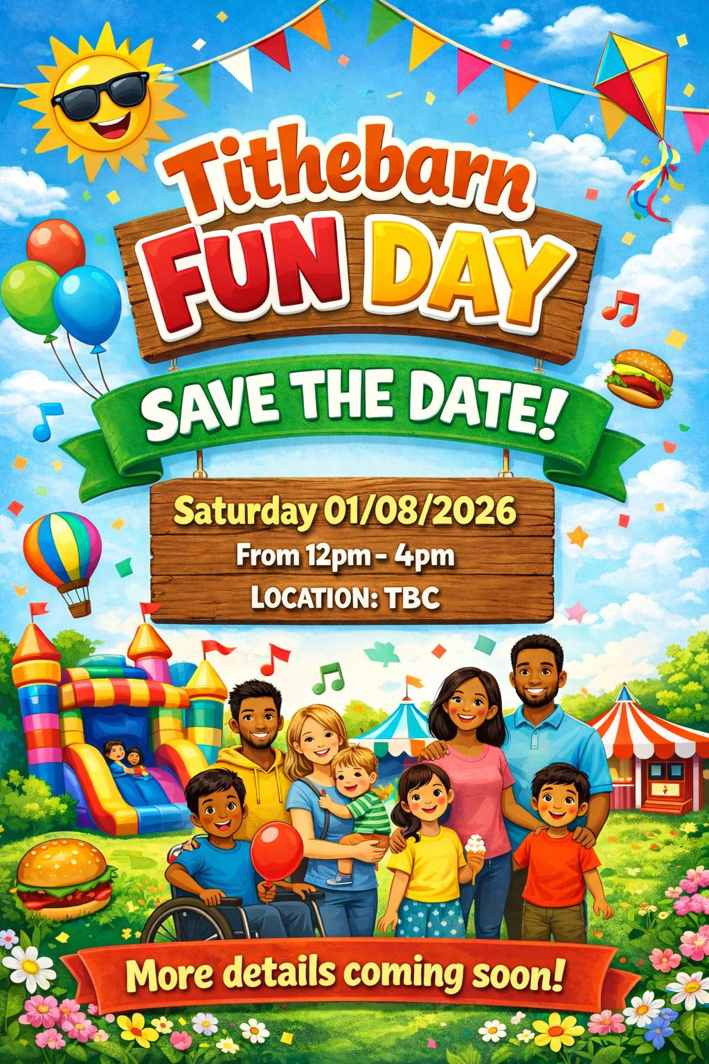 AI generated image showing selection of characters enjoying themselves at a fun day with a bouncy castle and balloons in the background.